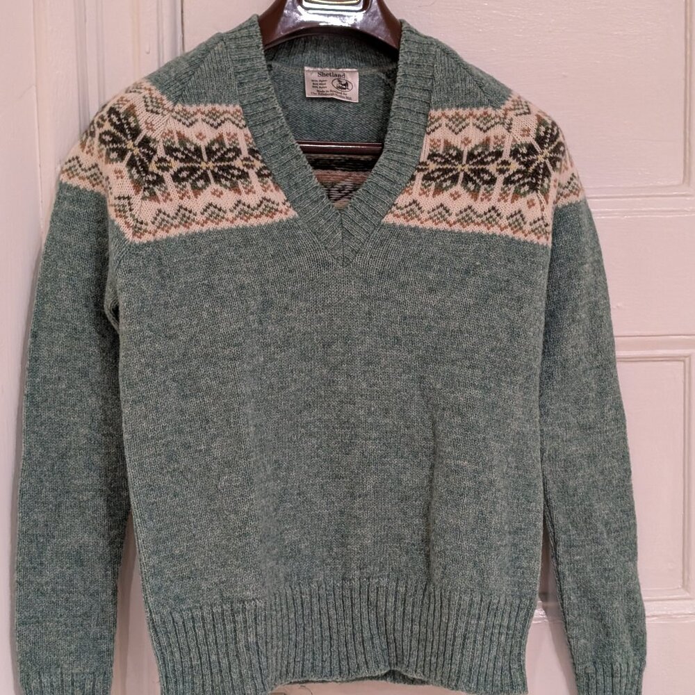 Shetland Fair Isle Gray Wool Blend Pullover Sweater Size 14
